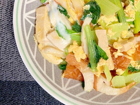 麺つゆで簡単 小松菜と高野豆腐とちくわの卵とじ